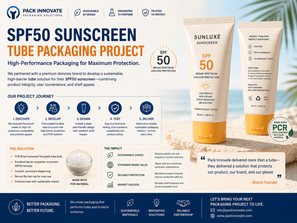 How We Developed SPF50 Sunscreen Tube Packaging Project 19 A growing skincare brand partnered with Xinfly Packaging to develop premium SPF50 sunscreen tubes featuring EVOH barrier protection