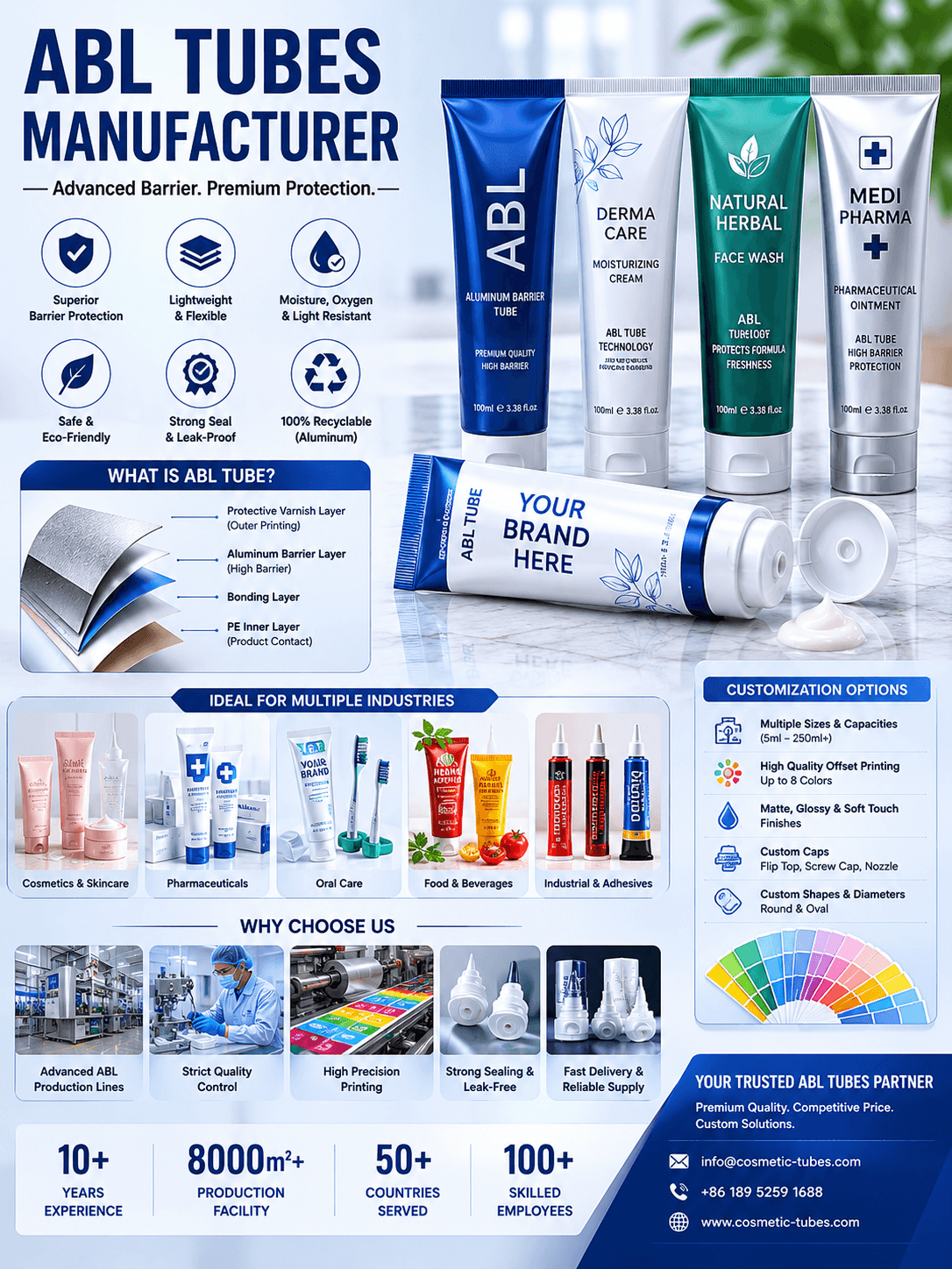 ABL tubes manufacturer for toothpaste sunscreen skincare oral care and high barrier laminate tube packaging