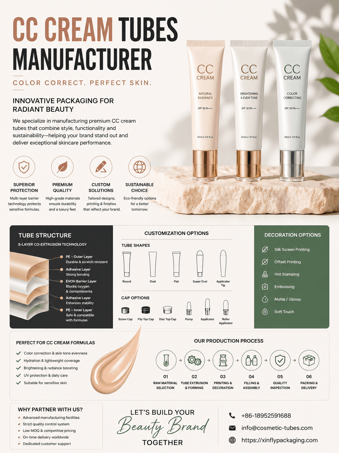 CC cream tubes manufacturer for SPF complexion and makeup packaging