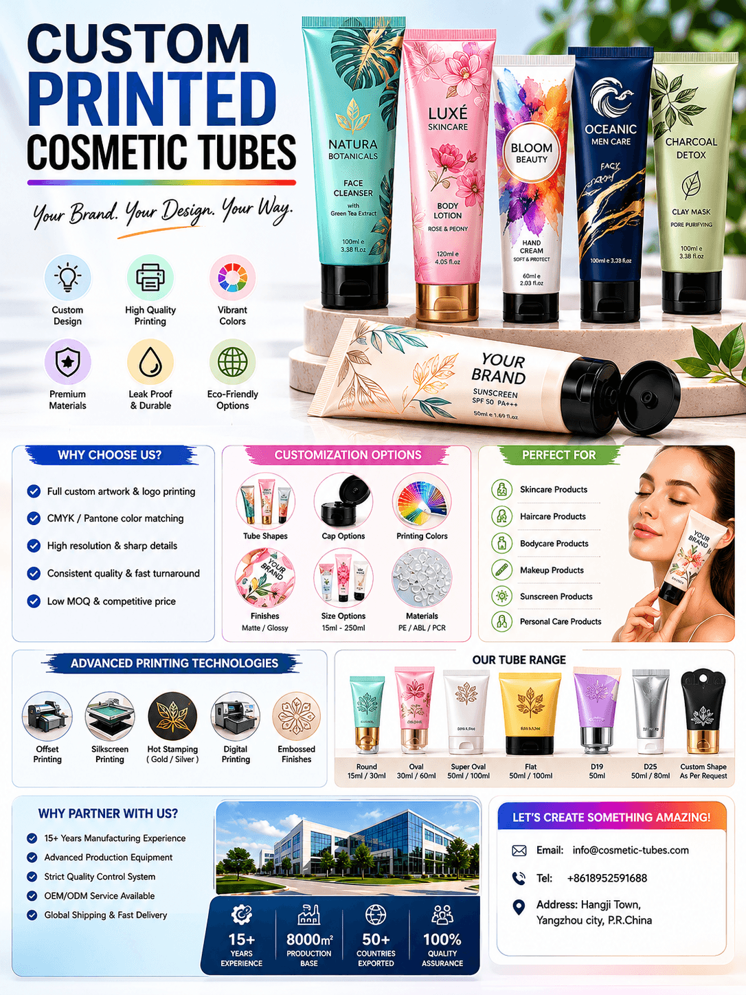 Custom Printed Cosmetic Tubes 1 Custom printed cosmetic tubes manufacturer for skincare sunscreen makeup hair care oral care and personal care packaging