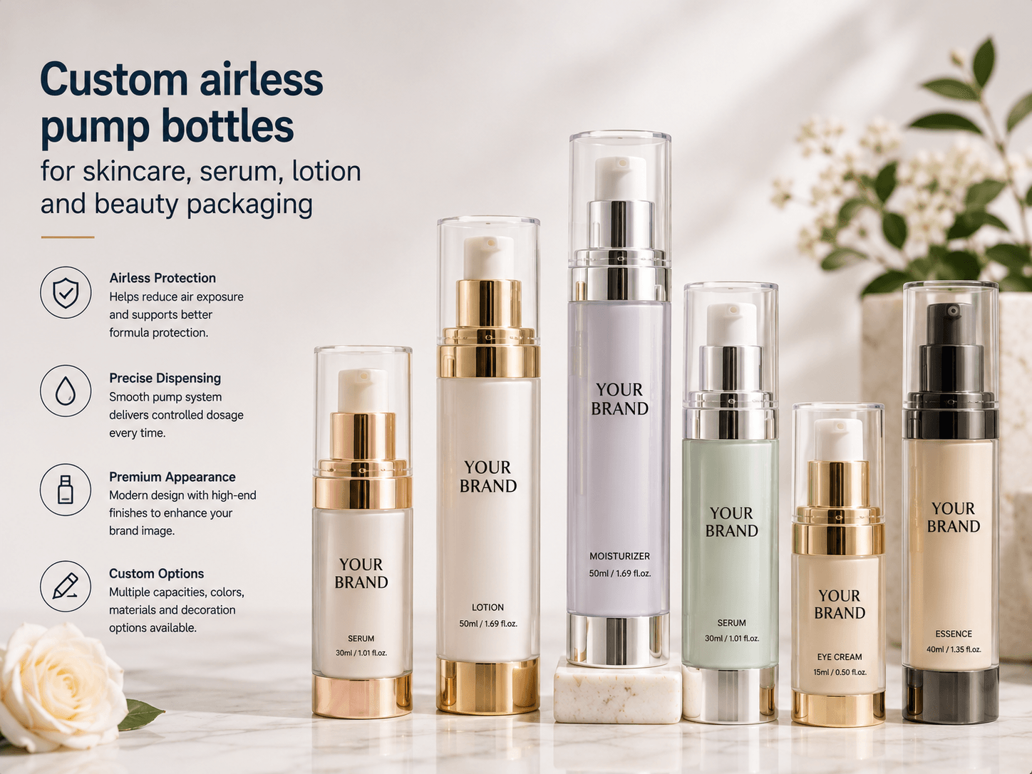 Airless Pump Bottles 1 Custom airless pump bottles for skincare serum lotion and beauty packaging