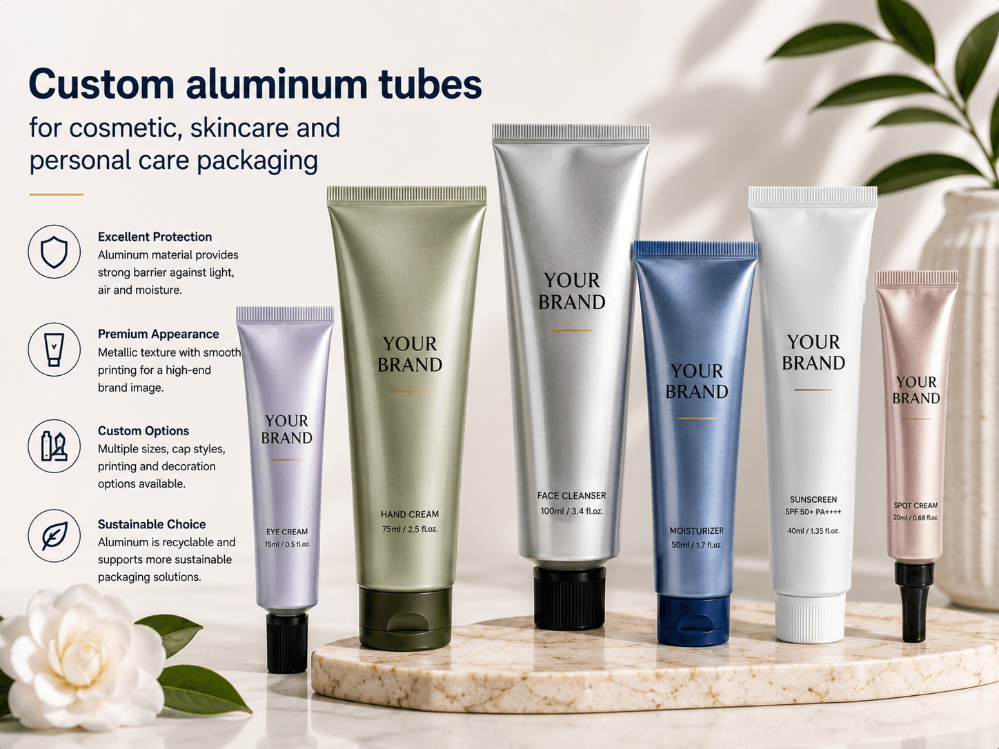Custom aluminum tubes for cosmetic skincare and personal care packaging