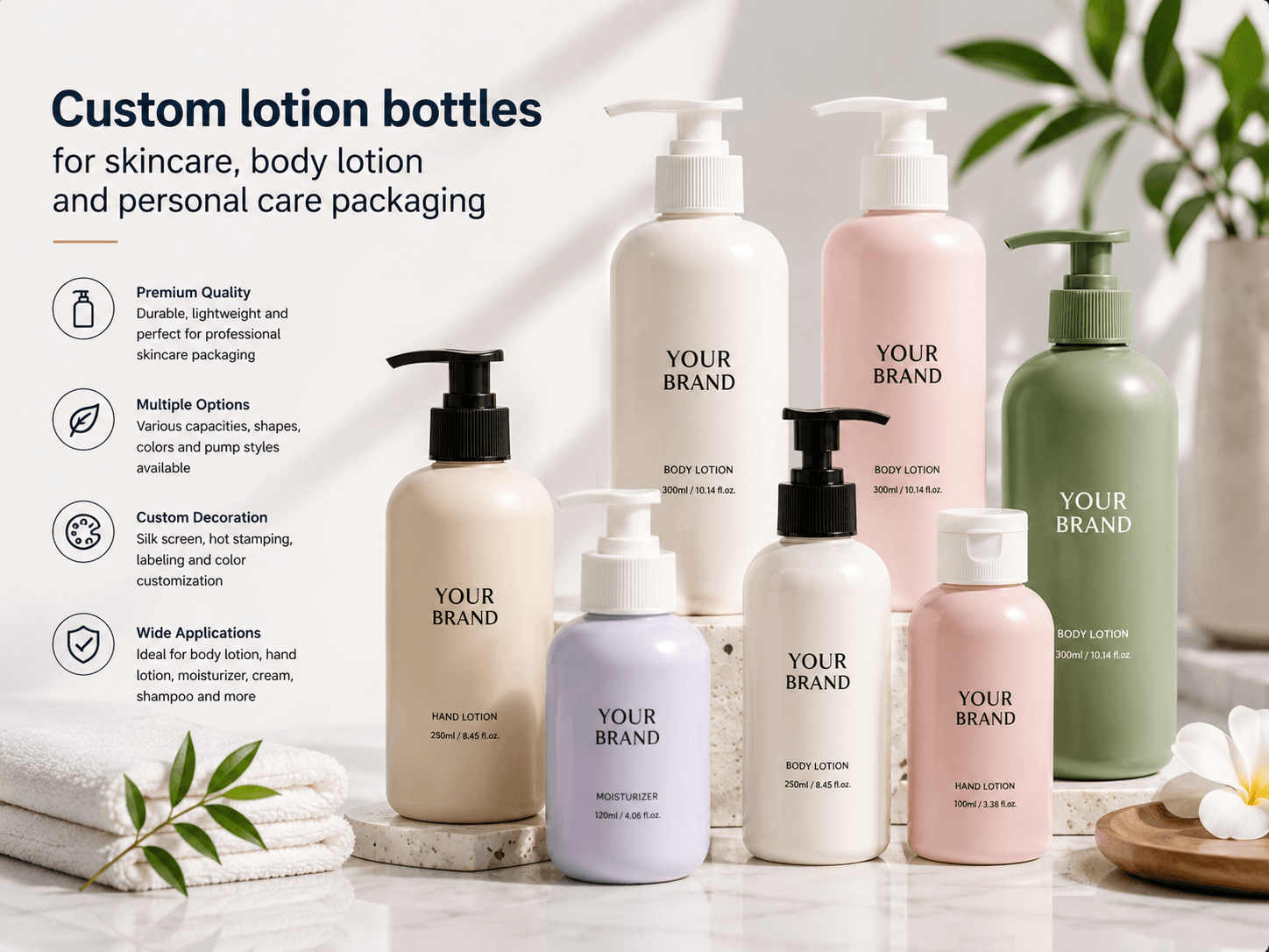 Custom lotion bottles for skincare body lotion and personal care packaging
