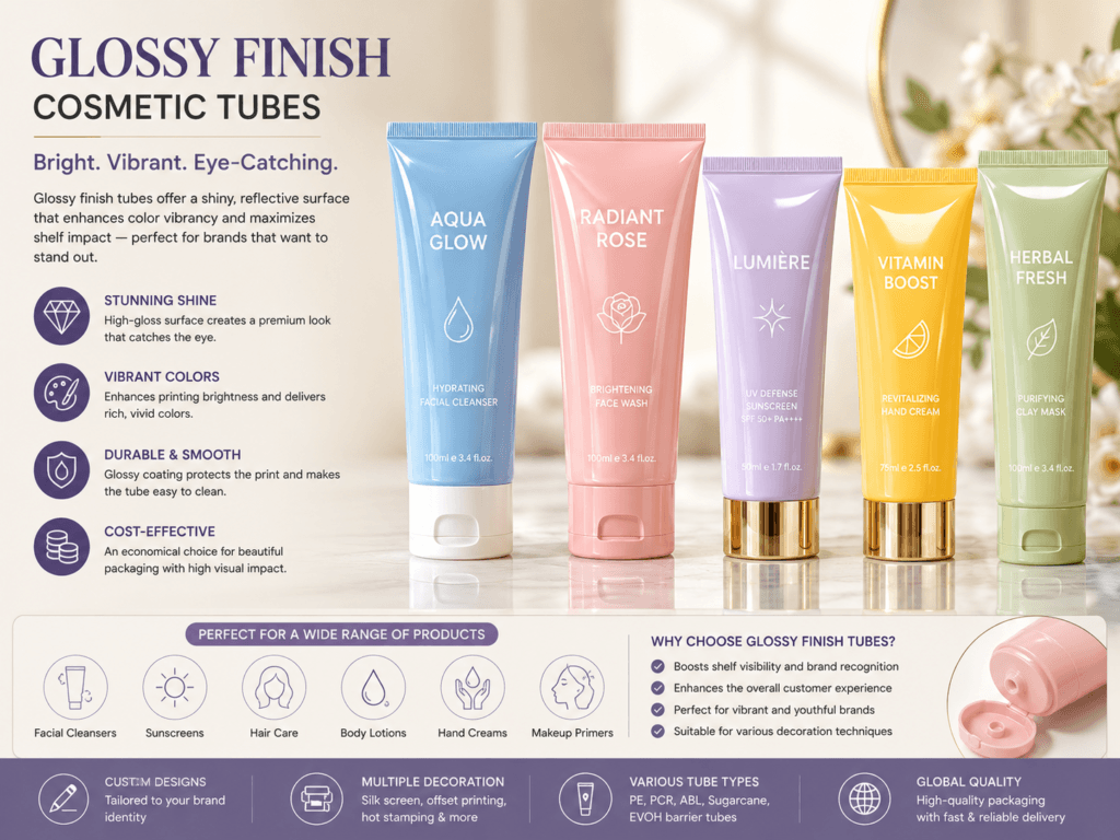 Matte Finish vs. Glossy vs. Soft Touch Tubes:Which is best for your cosmetic packaging 3 Glossy Finish cosmetic tube