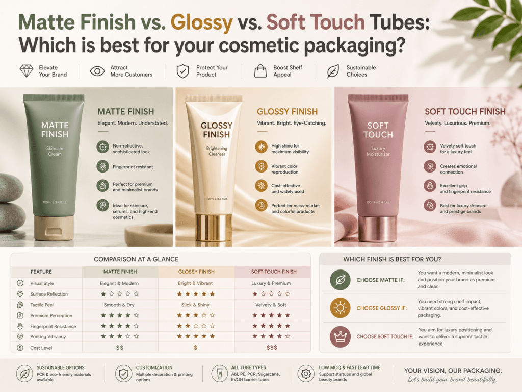 Matte Finish vs. Glossy vs. Soft Touch Tubes:Which is best for your cosmetic packaging 1 Matte Finish vs. Glossy vs. Soft Touch Tubes Which is best for your cosmetic packaging