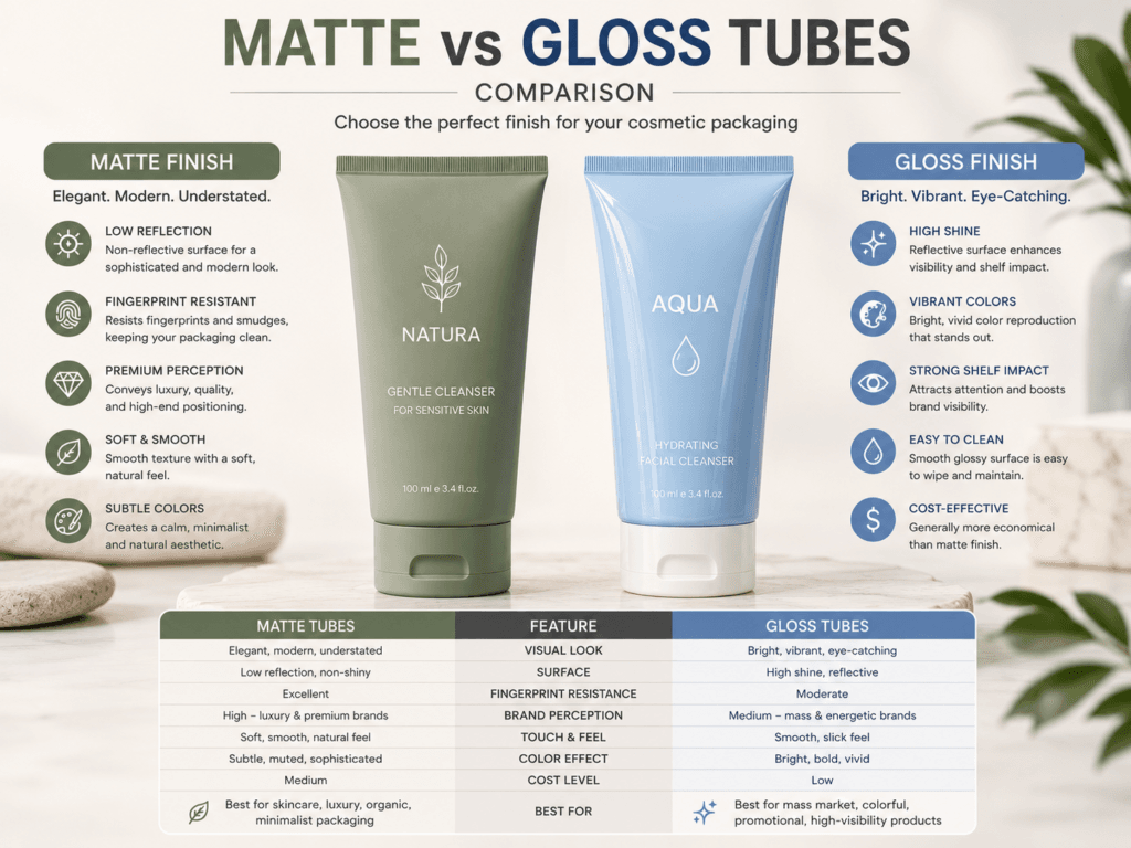 Matte Finish vs. Glossy vs. Soft Touch Tubes:Which is best for your cosmetic packaging 5 Matte vs Gloss tubes Comparison