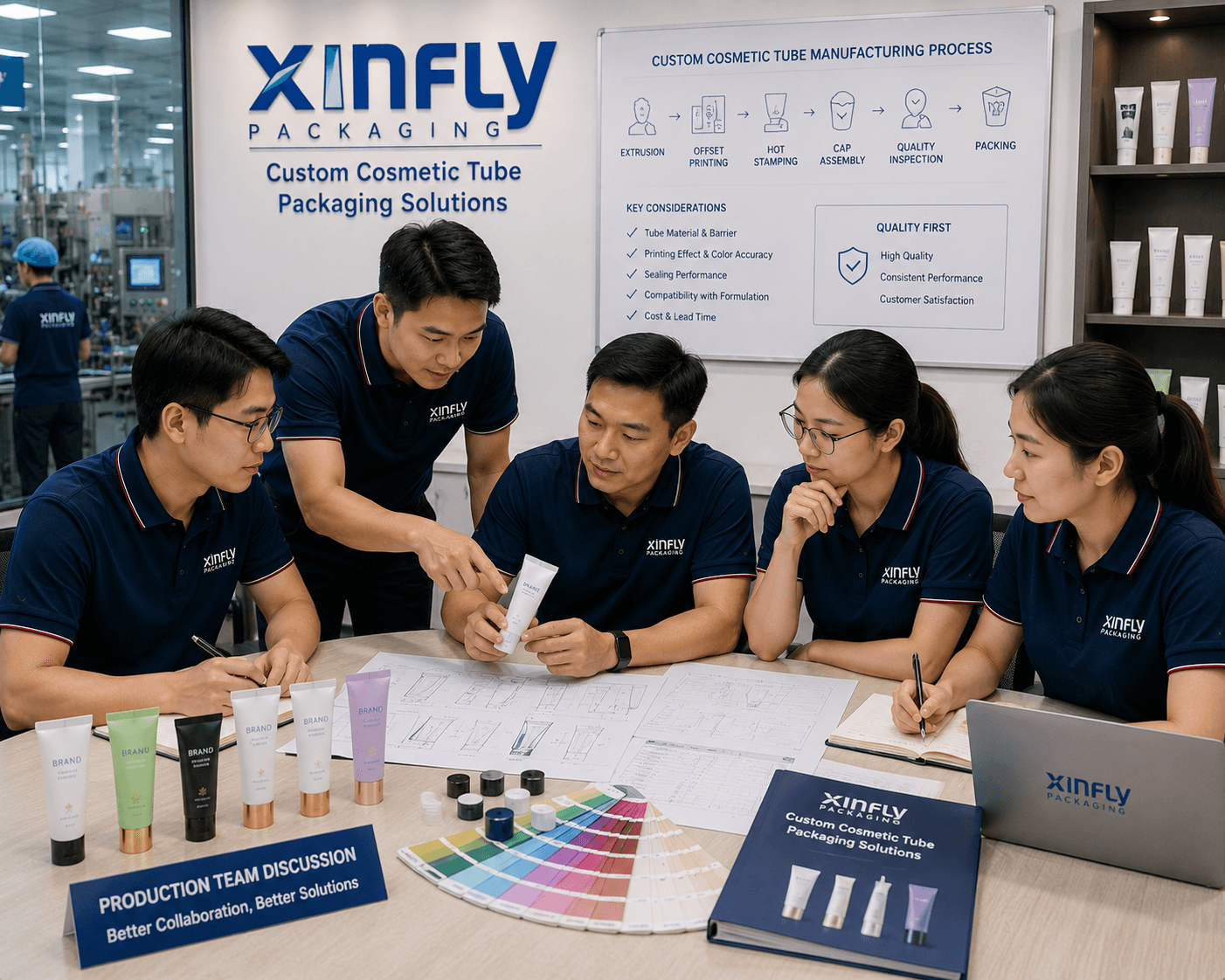 Our Team 9 Production team discussion for custom cosmetic tube manufacturing