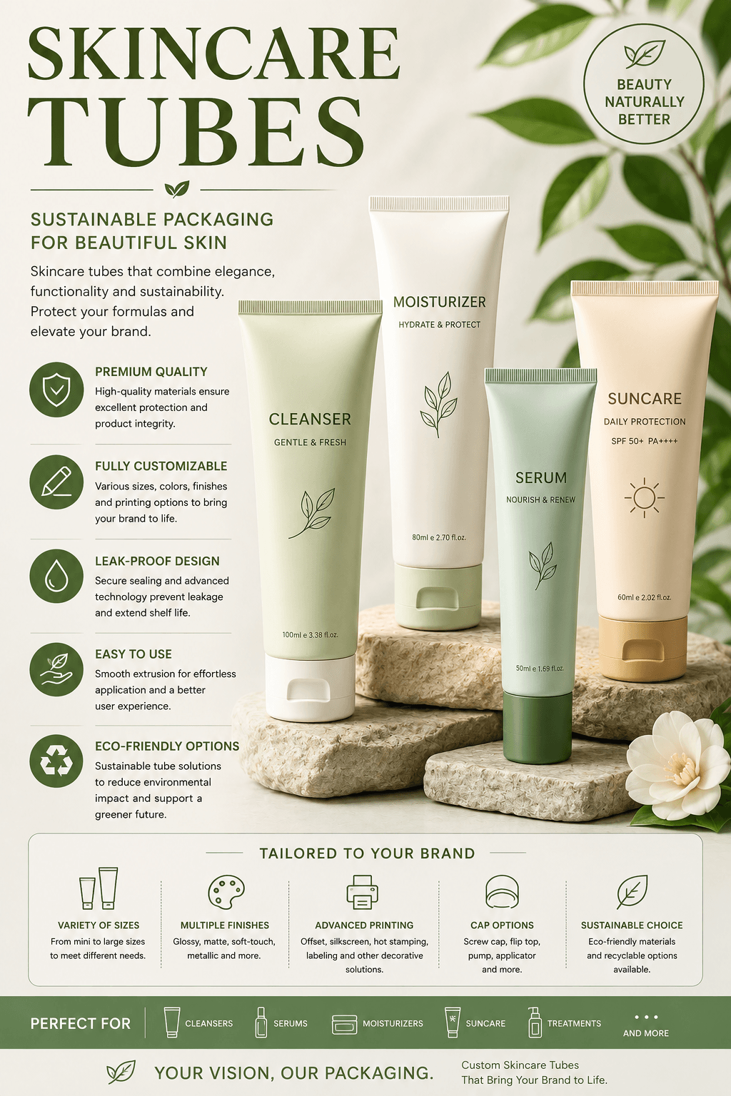 Custom skincare tubes manufacturer for facial cleanser moisturizer serum eye cream and beauty packaging