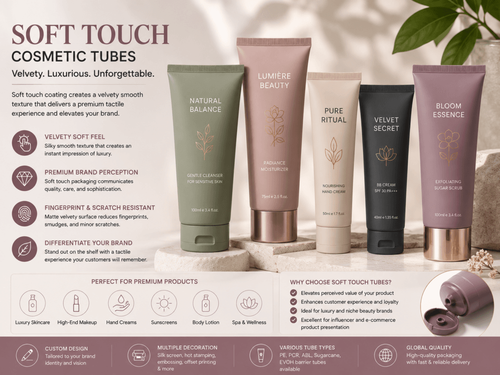 Matte Finish vs. Glossy vs. Soft Touch Tubes:Which is best for your cosmetic packaging 4 Soft Touch cosmetic tubes