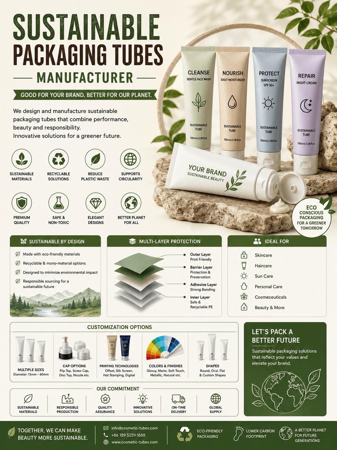 Sustainable Packaging TubesΒ Manufacturer 1 Sustainable packaging tubes manufacturer for skincare sunscreen makeup hair care and personal care brands