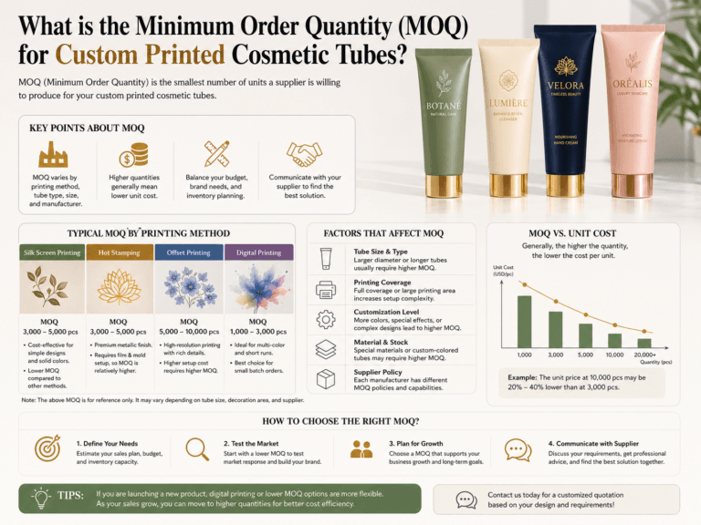 What is the Minimum Order Quantity (MOQ) for Custom Printed Cosmetic Tubes? 15 What is the Minimum Order Quantity (MOQ) for Custom Printed Cosmetic Tubes