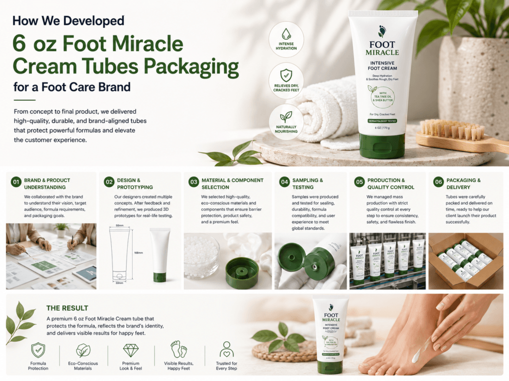 How We Developed 6 oz Foot Miracle Cream Tubes Packaging for a Foot Care Brand 11 6 oz Foot Miracle Cream Tubes Packaging