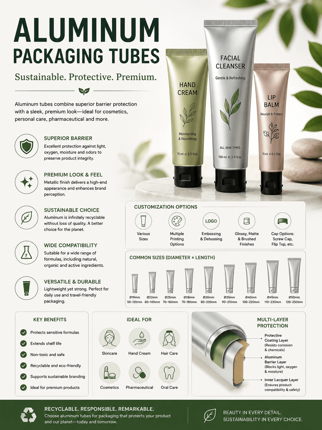 Custom aluminum packaging tubes for cosmetic skincare personal care and specialty products by Xinfly Packaging