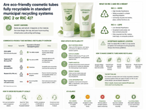 Are eco-friendly cosmetic tubes fully recyclable in standard municipal recycling systems (RIC 2 or RIC 4)