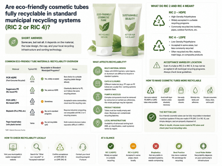 Are eco-friendly cosmetic tubes fully recyclable in standard municipal recycling systems (RIC 2 or RIC 4)