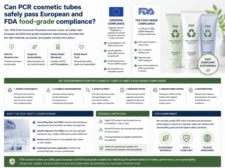 Can PCR cosmetic tubes safely pass European and FDA food-grade compliance