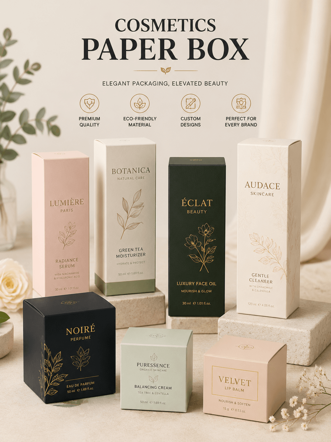 Cosmetic Packaging Boxes 1 Custom cosmetic packaging boxes for skincare makeup and personal care products by Xinfly Packaging
