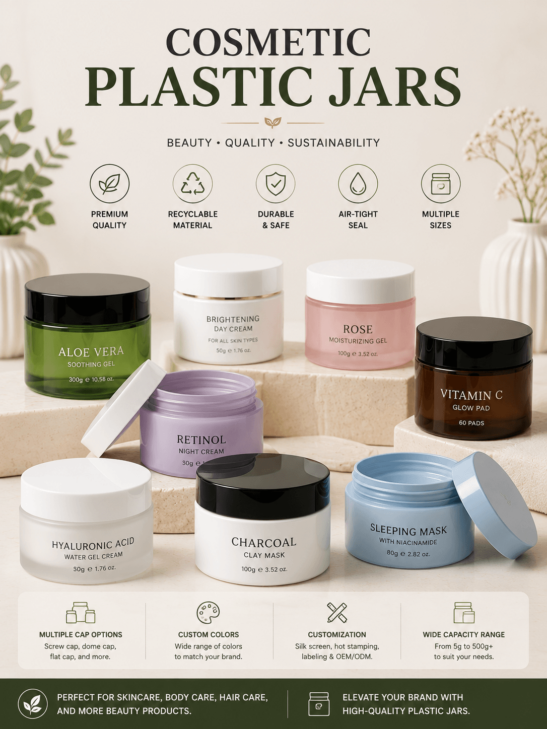 Custom cosmetic plastic jars for creams and balms by Xinfly Packaging