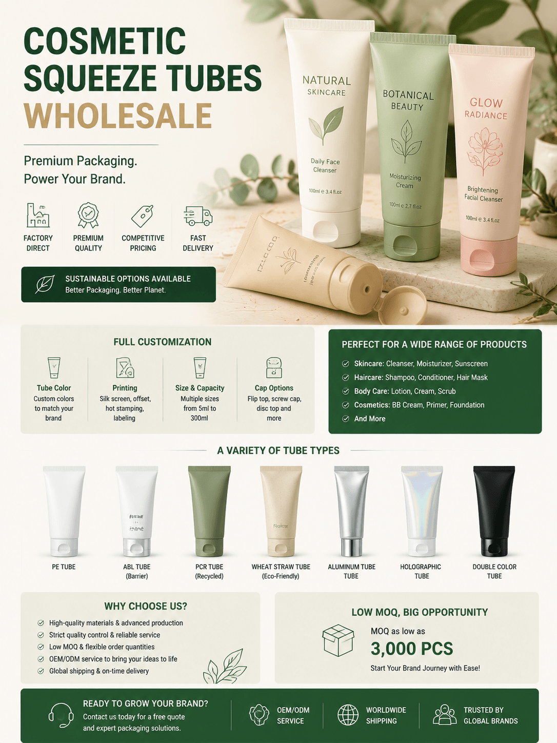 Wholesale cosmetic squeeze tubes for skincare, sunscreen, toothpaste, hair care, and makeup