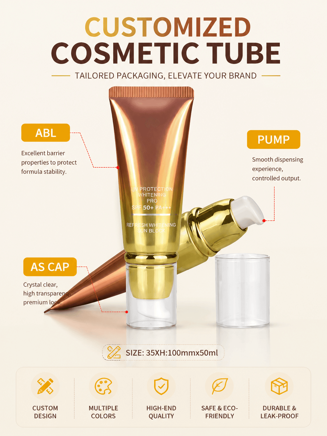 Custom 40ml 50ml 60ml Cosmetic Airless Pump Tubes 1 Custom airless pump cosmetic tubes 40ml 50ml 60ml skincare packaging bottles and tubes