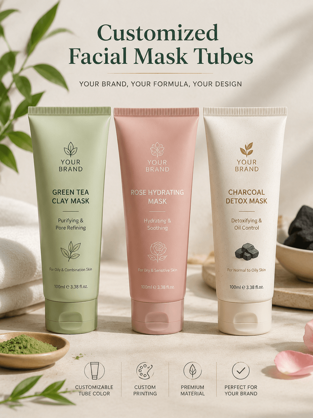 Customized Facial Mask Tubes 1 Customized facial mask tubes packaging for skincare masks, clay masks, and wash-off mask products