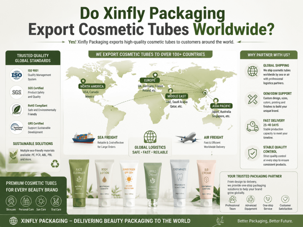 Do Xinfly Packaging export cosmetic tubes worldwide? 1 Do Xinfly Packaging export cosmetic tubes worldwide
