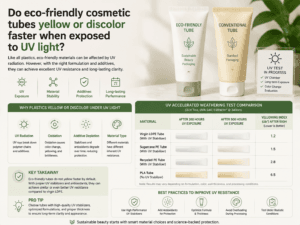 Do eco-friendly cosmetic tubes yellow or discolor faster when exposed to UV light