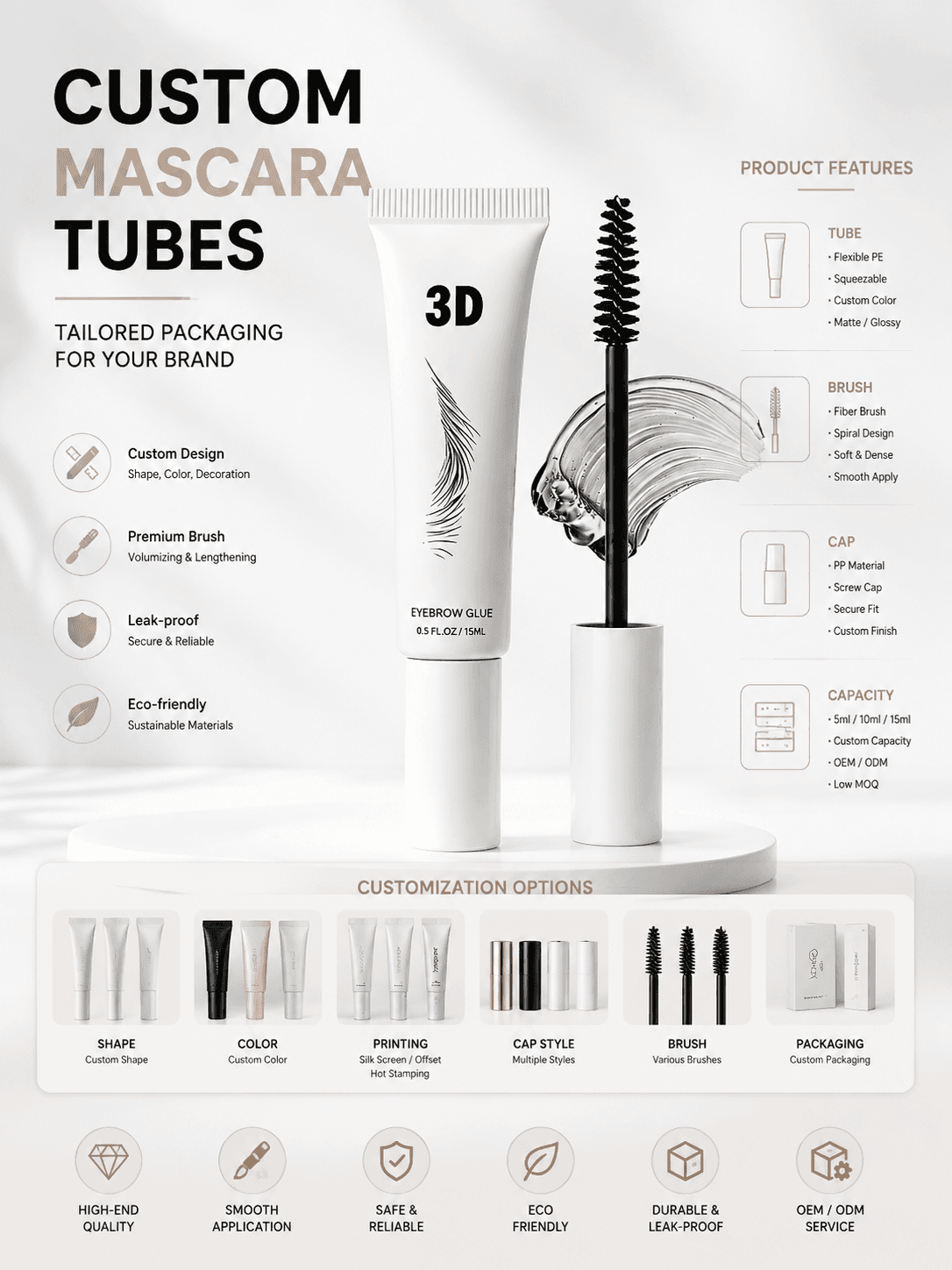 Empty mascara packaging tubes with brush applicator for cosmetic eyelash products