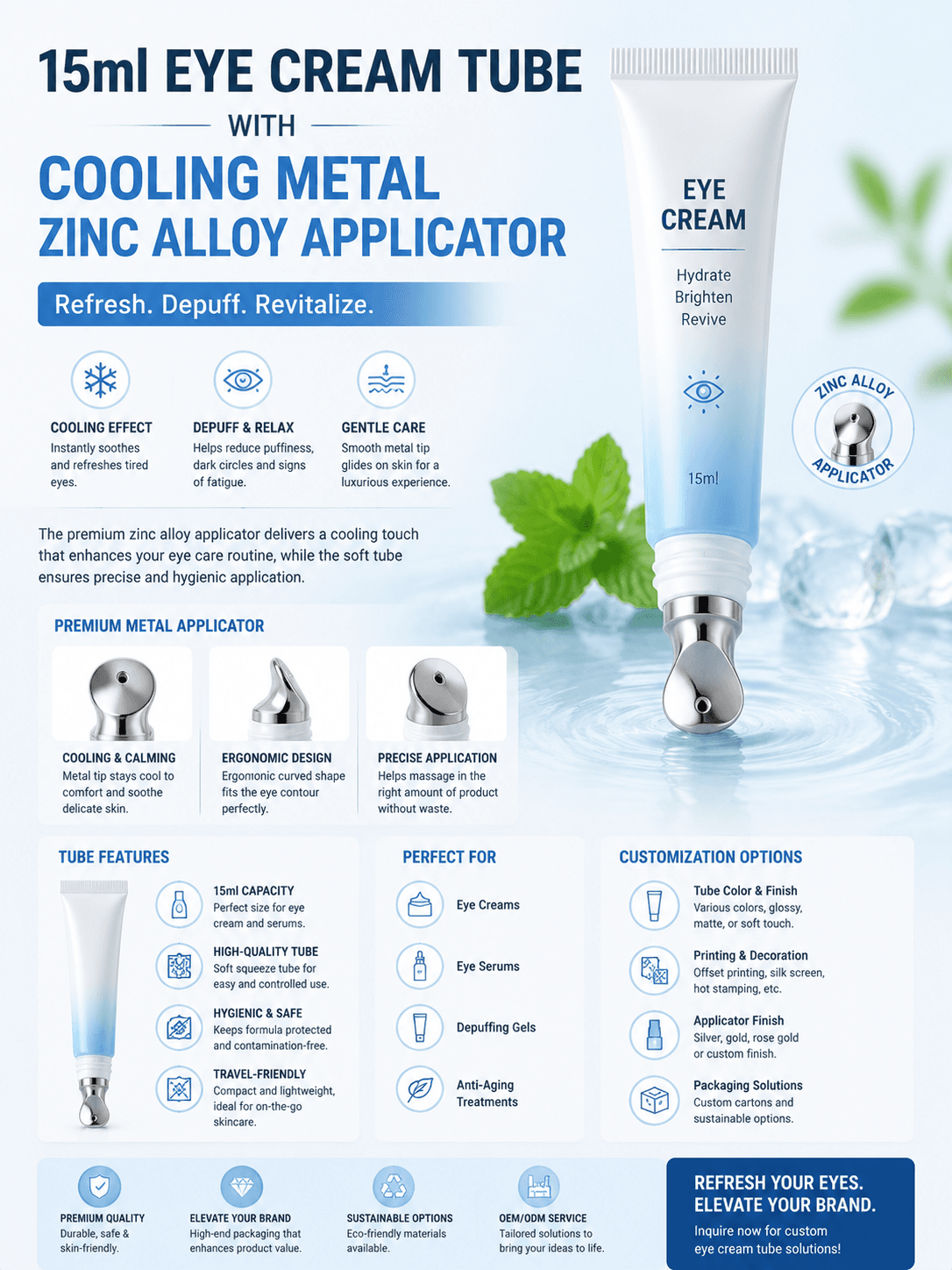 Eye Cream Tube with Cooling Metal Zinc Alloy Applicator 1 Eye cream tube with cooling zinc alloy metal applicator for anti-aging skincare packaging