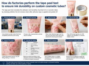 How do factories perform the tape peel test to ensure ink durability on custom cosmetic tubes