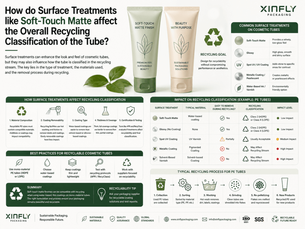 How do surface treatments like soft-touch matte affect the overall recycling classification of the tube? 1 How do surface treatments like soft-touch matte affect the overall recycling classification of the tube