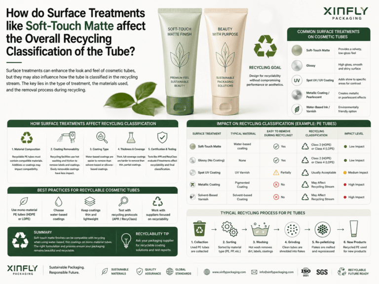 How do surface treatments like soft-touch matte affect the overall recycling classification of the tube