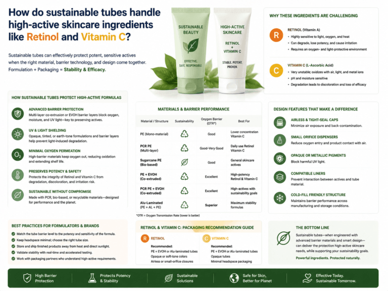 How do sustainable tubes handle high-active skincare ingredients like Retinol and Vitamin C