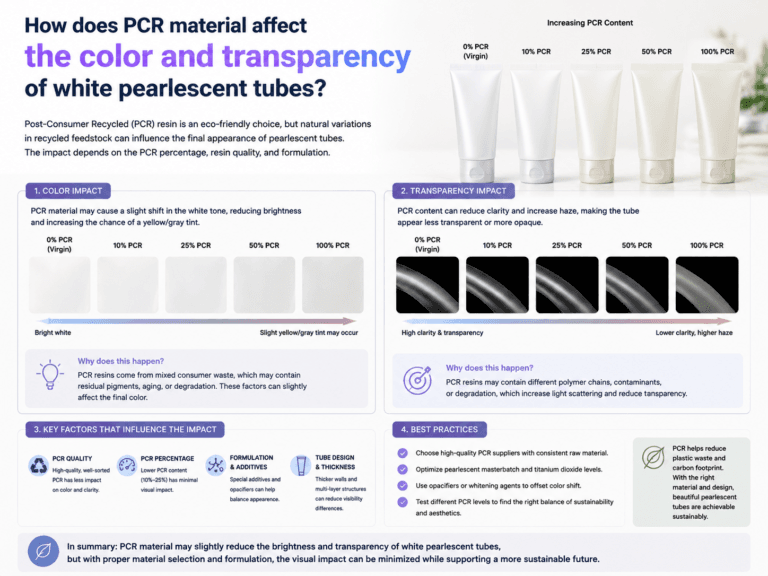 How does PCR material affect the color and transparency of white pearlescent tubes
