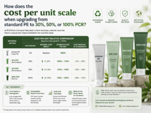 How does the cost per unit scale when upgrading from standard PE to 30%, 50%, or 100% PCR
