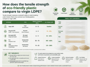 How does the tensile strength of eco-friendly plastic compare to virgin LDPE