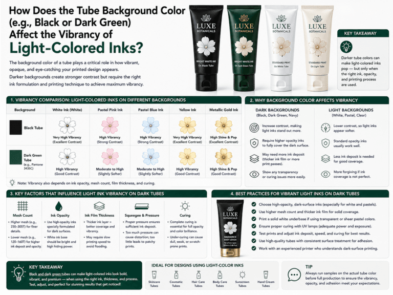 How does the tube background color (e.g., black or dark green) affect the vibrancy of light-colored inks? 2 How does the tube background color (e.g., black or dark green) affect the vibrancy of light-colored inks
