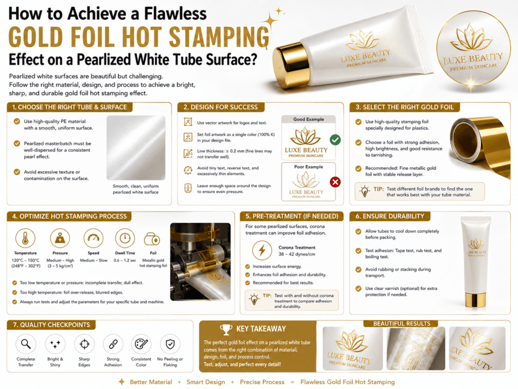 How to achieve a flawless gold foil hot stamping effect on a pearlized white tube surface?