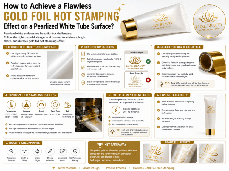 How to achieve a flawless gold foil hot stamping effect on a pearlized white tube surface?