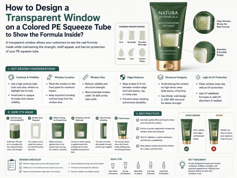 How to design a transparent window on a colored PE squeeze tube to show the formula inside? 5 How to design a transparent window on a colored PE squeeze tube to show the formula inside
