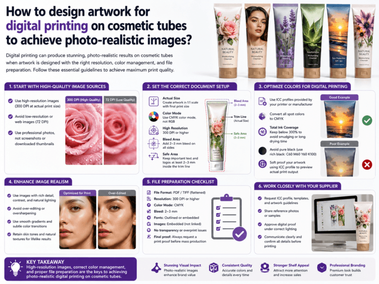 How to design artwork for digital printing on cosmetic tubes to achieve photo-realistic images?