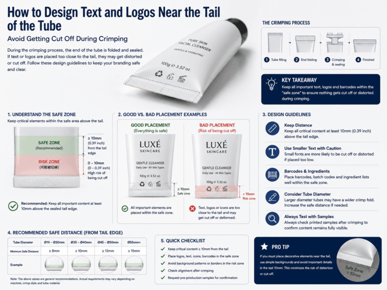 How to design text and logos near the tail of the tube to avoid getting cut off during crimping? 4 How to design text and logos near the tail of the tube to avoid getting cut off during crimping