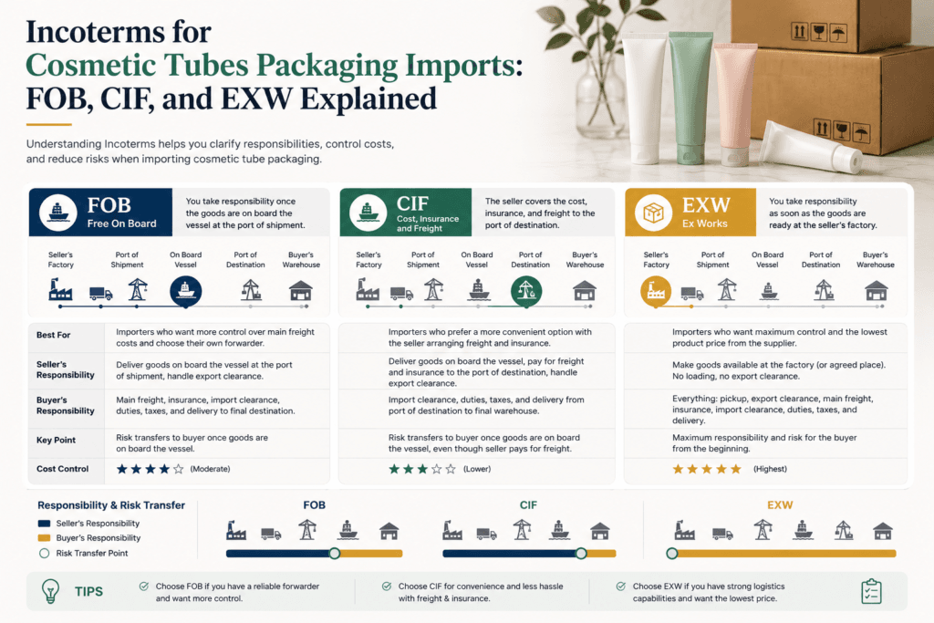 Incoterms for Cosmetic Tubes Packaging Imports: FOB, CIF, and EXW Explained 1 Incoterms for Cosmetic Tubes Packaging Imports FOB, CIF, and EXW Explained
