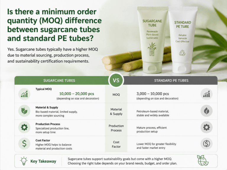 Is there a minimum order quantity (MOQ) difference between sugarcane tubes and standard PE tubes