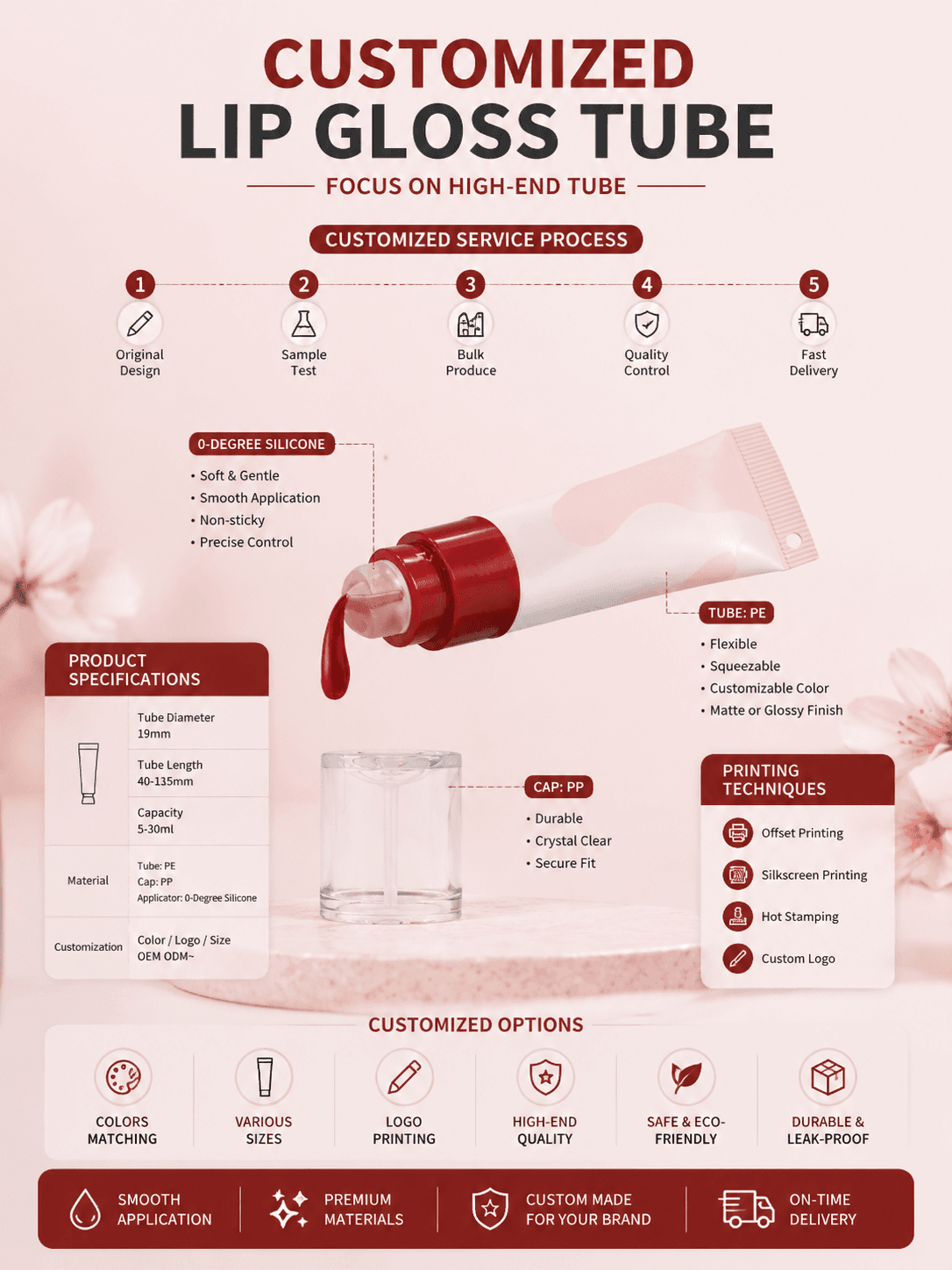 Lip gloss tube with super soft silicone applicator for cosmetic packaging and lip care products