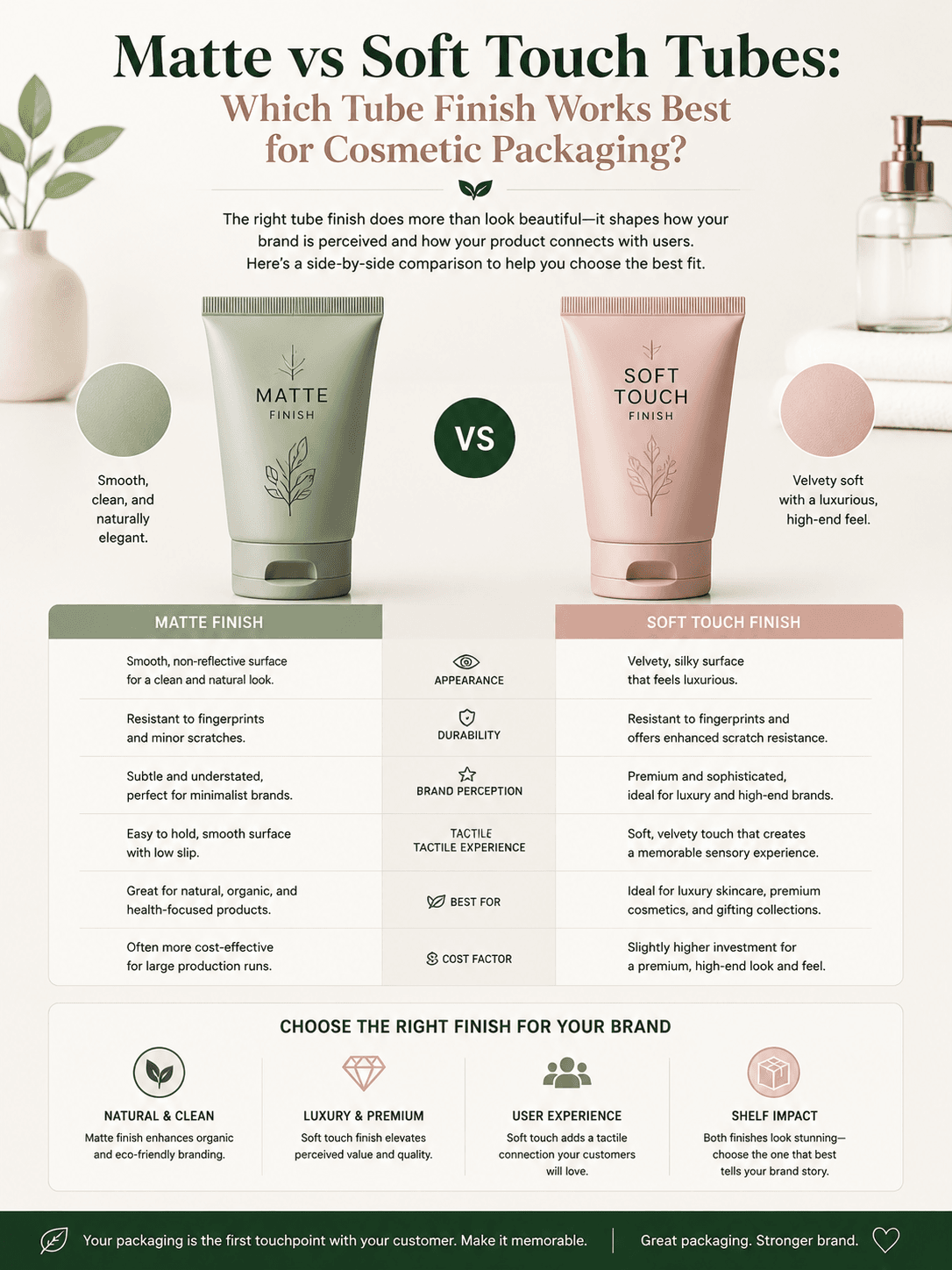 Matte vs Soft Touch Tubes: Which Tube Finish Works Best for Cosmetic Packaging? 1 Matte vs Soft Touch Tubes cosmetic packaging finish comparison by Xinfly Packaging