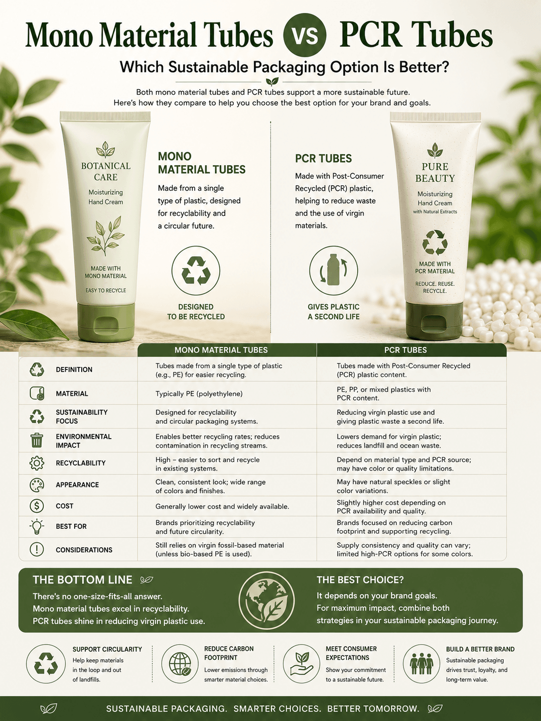 Mono Material Tubes vs PCR Tubes: Which Sustainable Packaging Option Is Better? 1 Mono Material Tubes vs PCR Tubes sustainable cosmetic packaging comparison by Xinfly Packaging
