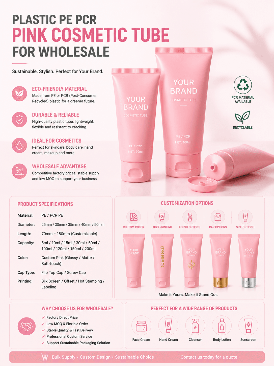 Plastic PE PCR Pink Comsetic Tube for Wholesale 1 Plastic PE PCR pink cosmetic tube for wholesale skincare and beauty packaging