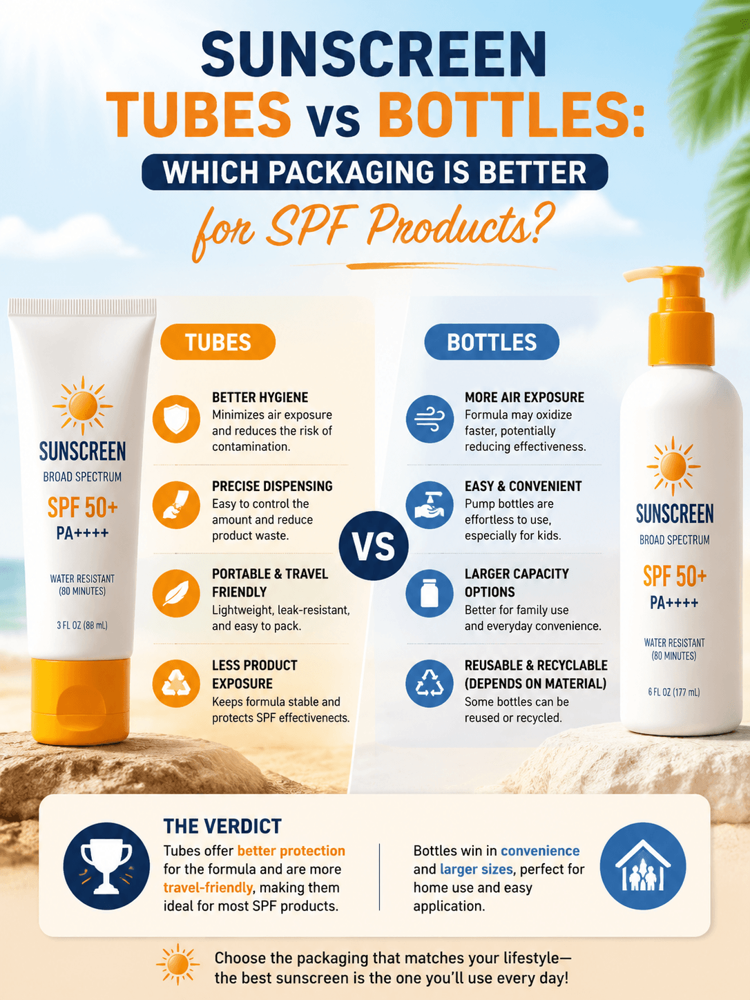 Sunscreen Tubes vs Bottles: Which Packaging Is Better for SPF Products? 1 Sunscreen Tubes vs Bottles packaging by Xinfly Packaging