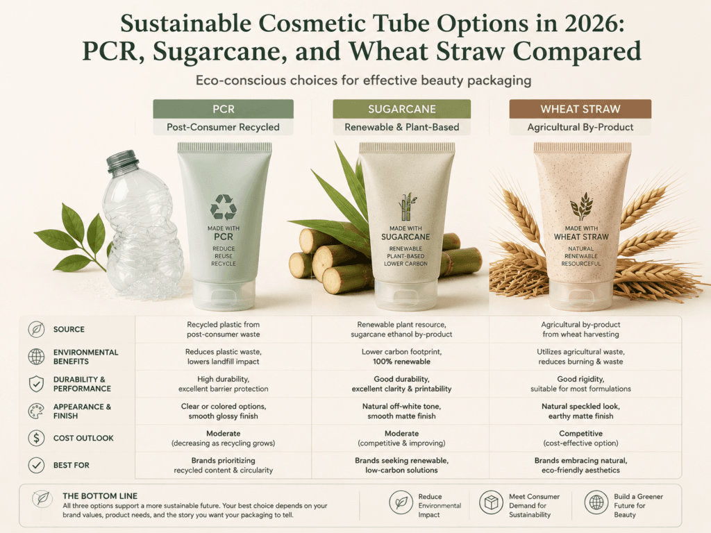 Sustainable Cosmetic Tube Options in 2026 PCR, Sugarcane, and Wheat Straw Compared